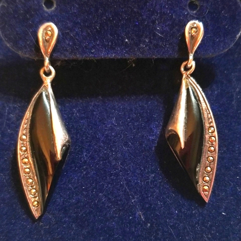 Antique Art Deco Sterling Marcasite Onyx Cascading Ribbon Earrings